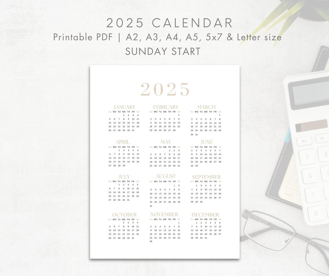 2025 Year Calendar Printable, SUNDAY Start, Year Overview 2025, One ...