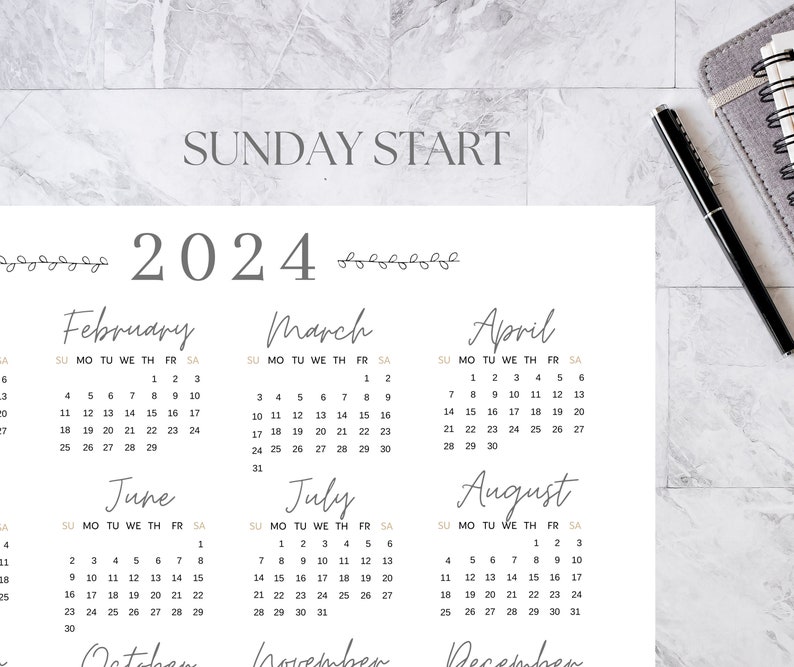 2024 Year Calendar Printable, SUNDAY Start, Year Overview 2024, One