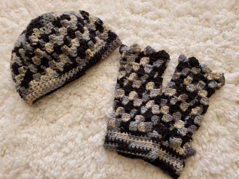 Handmade crochet fingerless gloves and beanie set