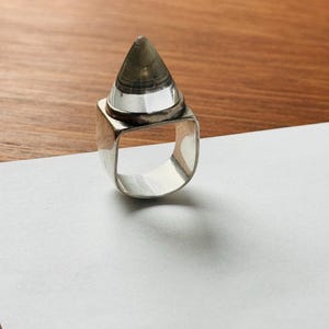 Rare and a huge statement handmade modernist Finnish silver ring with crystal, 1960s Made in Finland