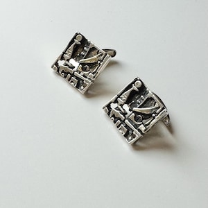 Signed Modernist Finnish Abstract Modernist Brutalist cuff links , made by Jorma laine for Turun hopea in 1970s, Made in Finland