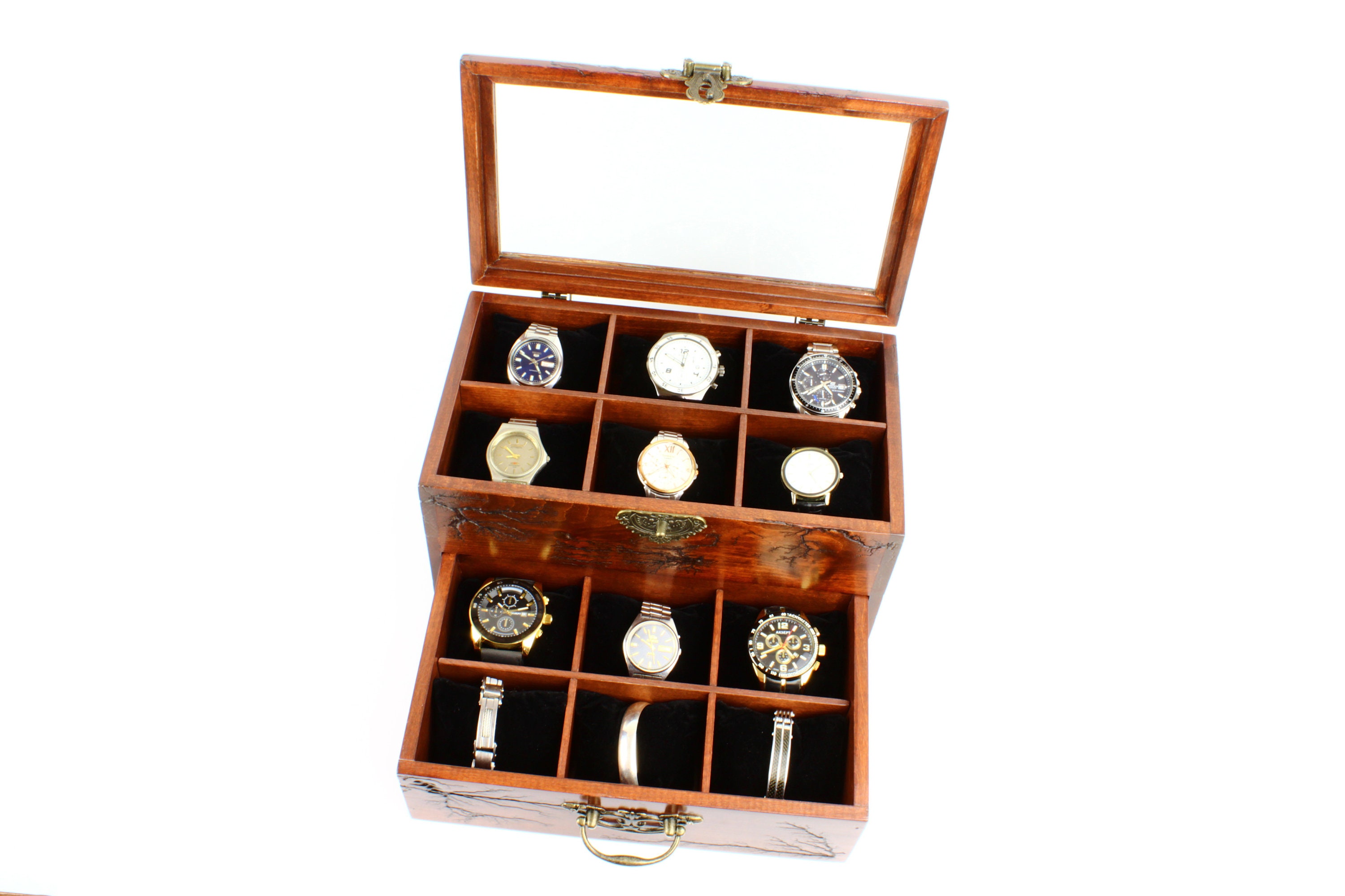 12 Watches Glass Lid Box Drawer Watch Case 12 Compartment Etsy