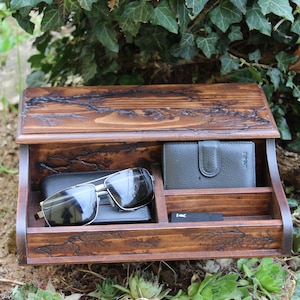 Mens Jewelry Watch Box, Valet Man Desk Organizer, Keepsake Storage Wooden Box, Lichtenberg burning, Unique Personalized Custom Gift, Gifts