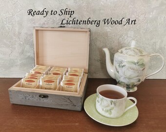 Wooden Tea Box with Lichtenberg Burning – Rustic Tea Storage Box Ready to Ship – Linden Wood Tea Organizer