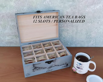 Tall Wooden Tea Box 12 Slots – Personalized Tea Storage Organizer – Fits American Tea Bags – Engraved Gift for Tea Lovers