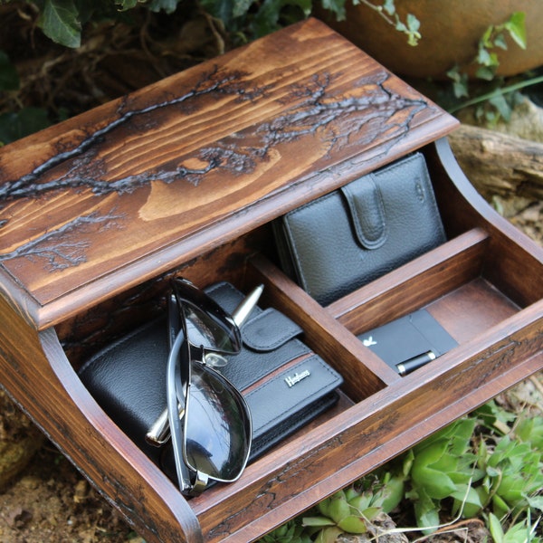 Mens Jewelry Watch Box, Valet Man Desk Organizer, Keepsake Storage Wooden Box, Lichtenberg burning, Unique Personalized Custom Gift