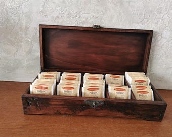 Wooden Tea Box 10 Slots – Personalized Tea Storage Organizer – Lichtenberg Burning Tea Bags – Custom Engraved Box