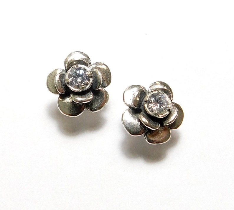 Classic flower stud earrings with CZ Zircon handcrafted and hand finished in Israel Sterling Silver gift for her Christmas gift New year
