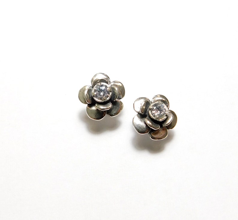 Classic flower stud earrings with CZ Zircon handcrafted and hand finished in Israel Sterling Silver gift for her Christmas gift New year