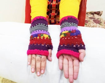 Purple Long fingerless gloves Knitted long gloves Gradient boho knit gloves Wool winter gloves Arm Warmers Wrist warmers Alpaca wool gloves