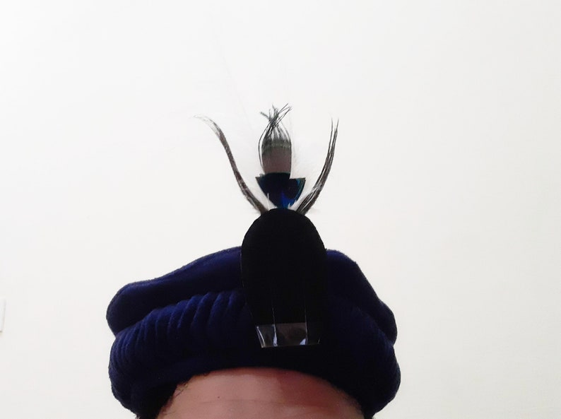 Blue color Handmade Afghan pakol hat with crown feather