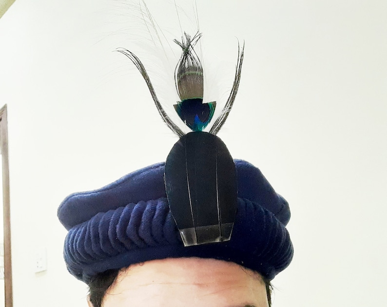 Blue color Handmade Afghan pakol hat with crown feather