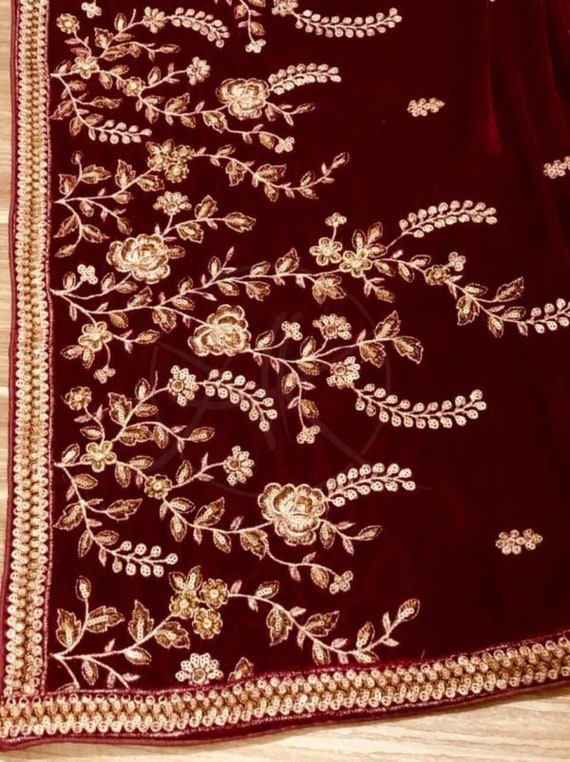 Maroon Embroidered Velvet Women Shawl Pakistan - Etsy Singapore