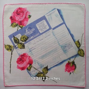 Vintage cotton handkerchief telegram and roses, hand-sewn, used, traces of glue, 12.2/12.2 inches