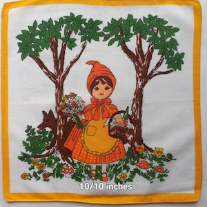Vintage | Handkerchief | Girl | Trees | Flowers | Wolf | Cotton | Machine Hem | Used | 10/10 inches