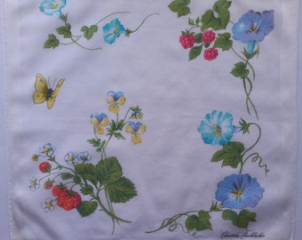 Vintage | Handkerchief | Christian Fischbacher | Flowers | Violets | Butterfly | Raspberry | Strawberries | Cotton | Used | 12.2/11.8 inches