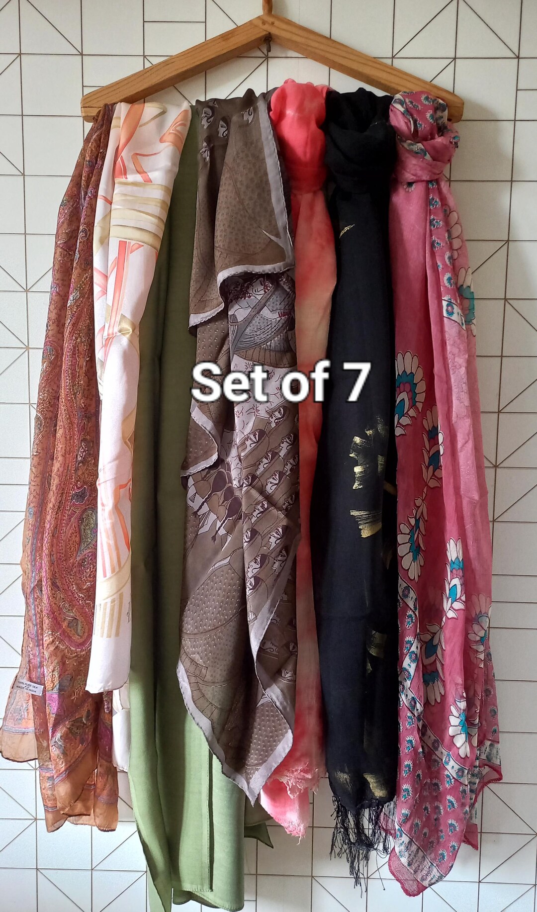 Scarves Set Mixed Fabric Scarves Set of 7: Silk, Cotton, Polyester (used, With ...