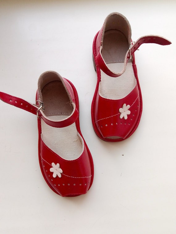 NEW Soviet Kids Sandals, Red Leather Flat Perfora… - image 5