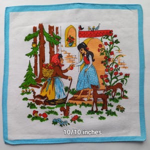 Vintage | Handkerchief | Girl | Woman | Apples | Squirrel | Cotton | Machine Hem | Used | 10/10 inches