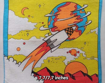 Pañuelo de algodón vintage, espacial, usado, dobladillo a máquina, 7,7 x 7,7 pulgadas.