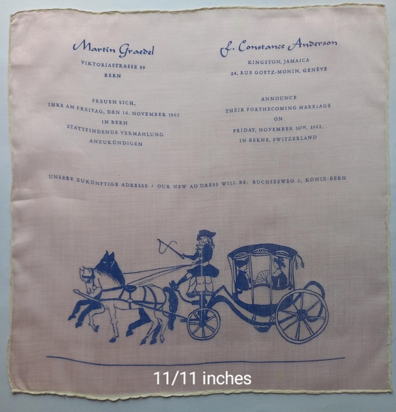 Vintage Hand-Hemmed Cotton Handkerchief: Wedding Invitation, 11x11 inches