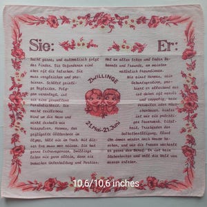 Vintage | Handkerchief | Horoscope | Gemini | He and She | Cotton | Hand-Hemmed | Used | 10.6/10.6 inches