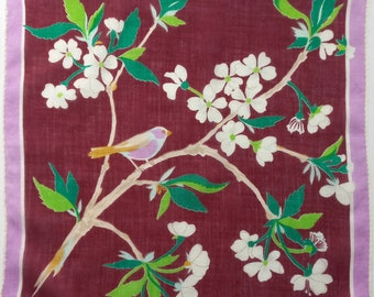 Vintage | Handkerchief | Flowering Branch | Bird | Spring | Love | Cotton | Used | 11.41/11.02 inches