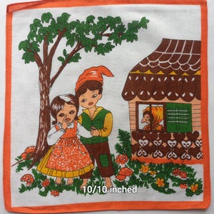 Vintage | Handkerchief | Boy and Girl | House | Forest | Cotton | Machine Hem | Used | 10/10 inches