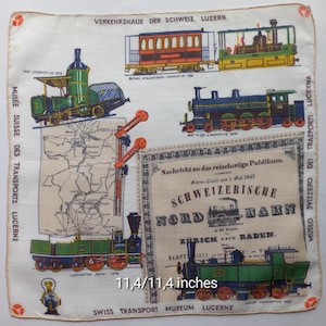 Vintage | Handkerchief | Paravozy | Verkehrshaus der Schweiz Museum | Cotton | Hand-hemmed | Used | 11.4/11.4 inches