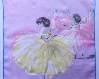 Vintage katoenen zakdoek, danseres, gebruikt, machinaal gezoomd, kreuk, 11,4/11,4 inch.