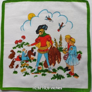Vintage | Handkerchief | Boy | Girls | Bunnies | Birds | Flowers | Cotton | Machine Hem | Used | 10.6/10.6 inches