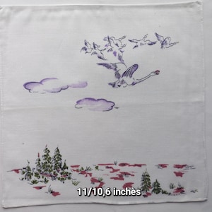 Vintage | Handkerchief | Geese | Forest | Trees | Cotton | Machine Hem | Used | 11/10.6 inches