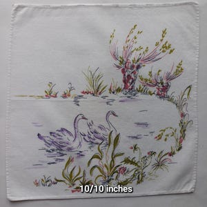 Vintage | Handkerchief | Swans | Lake | Trees | Cotton | Machine Hem | Used | 10/10 inches