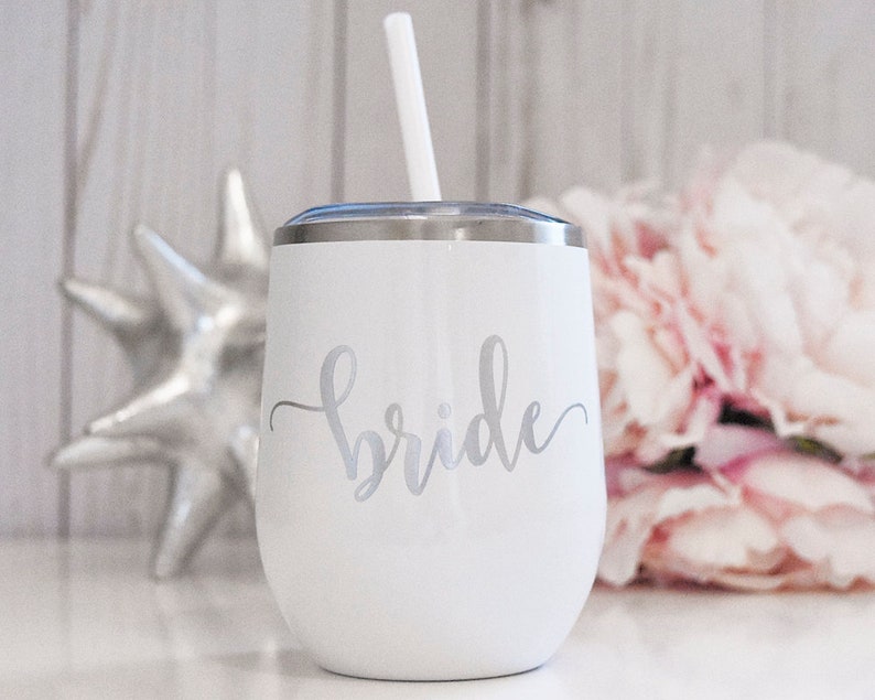 Bride Wine Tumbler with straw Bride Travel Mug Engagement Etsy