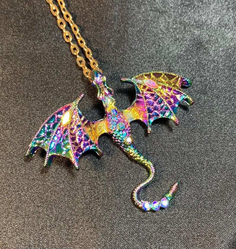 Flying Dragon necklace, soaring Dragon pendant, Dragon jewelry, Fantasy jewelry, Dragon pendant necklace with crystals Prismatic rainbow