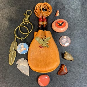 Hawk Spirit pouch, Red Tailed Hawk medicine bag, Hawk totem stone, Hawk figurine, Leather Hawk bag, Raptor neck pouch, Bird of prey pouch