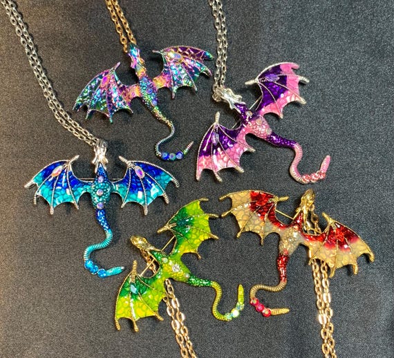 Flying Dragon necklace, soaring Dragon pendant, Dragon jewelry, Fantasy jewelry, Dragon pendant necklace with crystals