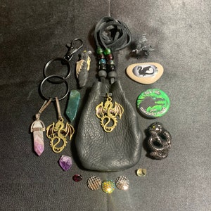 Dragon Spirit pouch, Black Dragon medicine bag, Dragon figurine, Black dragon spirit animal, Leather Dragon pouch, Dragon button, Dragon bag