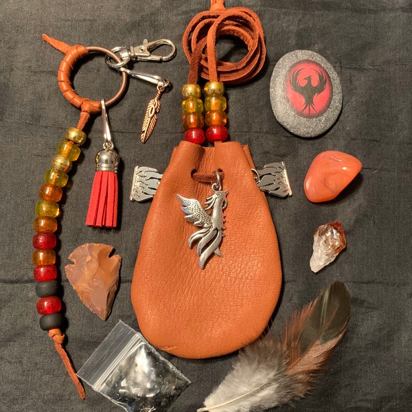 Phoenix Spirit pouch, Phoenix Medicine bag, Phoenix totem, Phoenix fetish, Firebird spirit pouch, Firebird medicine bag, Firebird totem bag