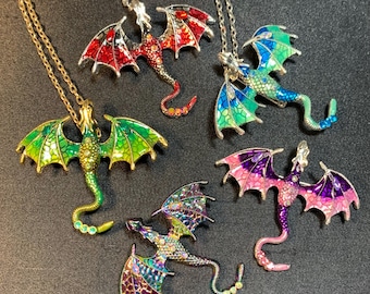 Flying Dragon necklace, soaring Dragon pendant, Dragon jewelry, Fantasy jewelry, Dragon pendant necklace with crystals
