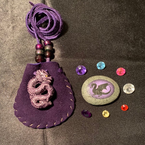Small Dragon Totem Treasure pouch, Purple dragon spirit pouch, Dragon medicine bag, Dragon pouch, real faceted Amethyst, Dragon jewel bag