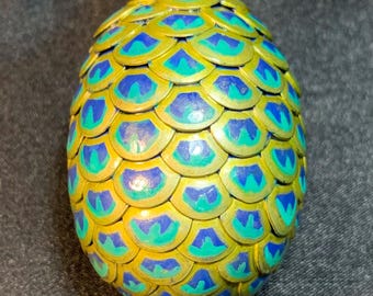 Thumbtack dragon egg, Peacock dragon egg, Teal, gold and blue, Peacock eye feather artisan egg, Adopt a dragon egg, Cosplay dragon accessory