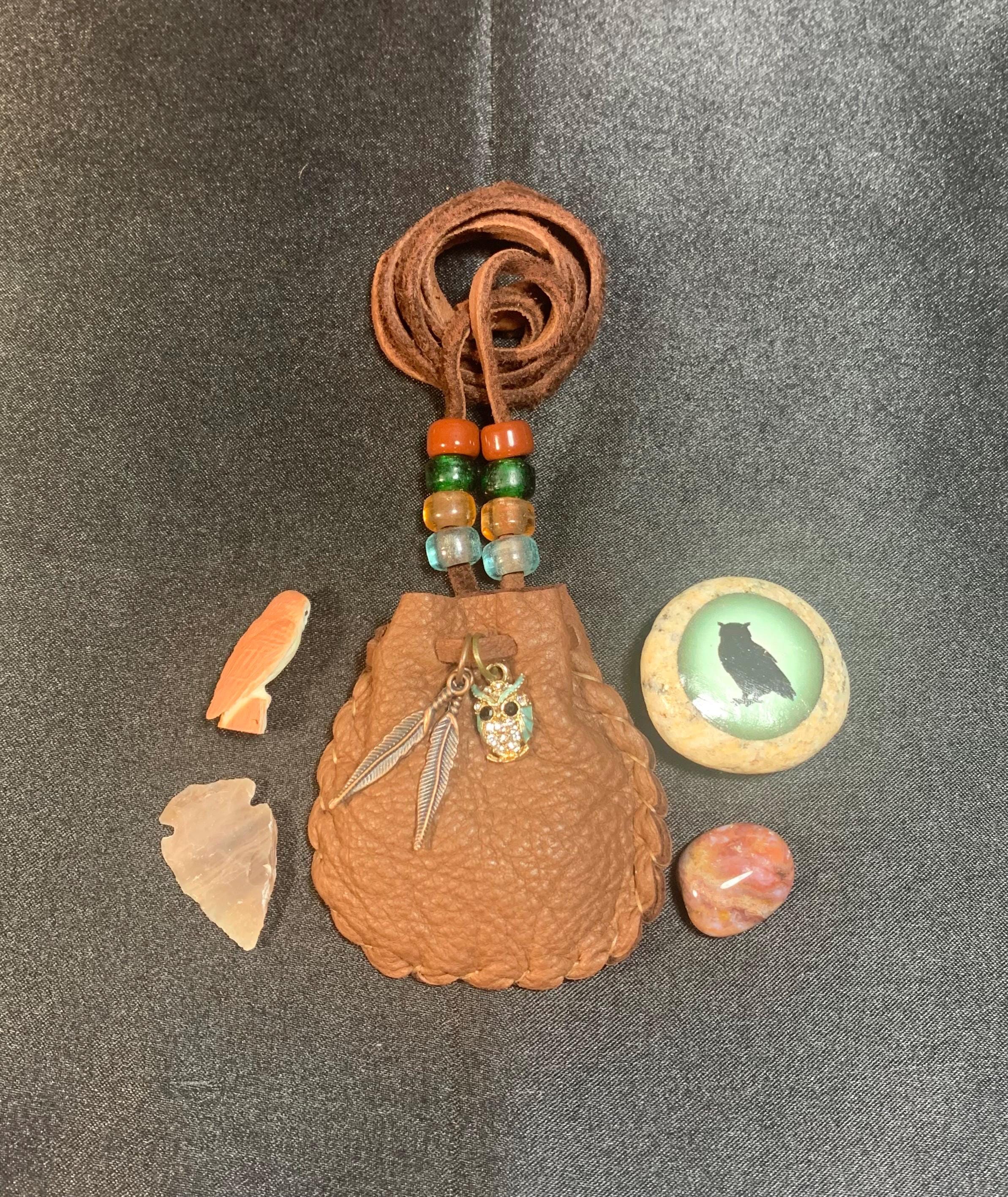 Small Owl Spirit pouch, Owl medicine bag, Owl totem stone, Owl spirit animal, Great Horned Owl pouch
