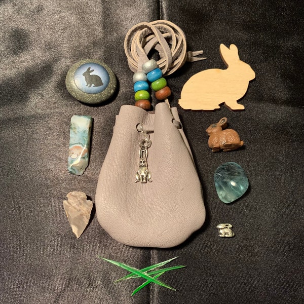 Rabbit Spirit pouch, Rabbit medicine bag, rabbit totem stone, rabbit spirit animal, rabbit figurine, animal spirit stone, leather rabbit bag