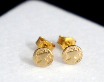 Earth Solid Gold Stud earrings. Tiny earrings for men and women 9k,14k,18k Gold Circle Studs Tiny Dainty Mothr nature jewelry