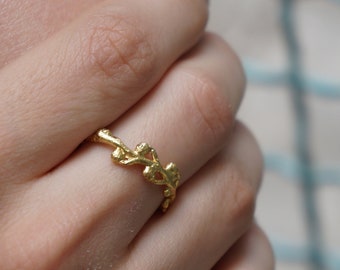 Gold branch Ring for Women, Solid Gold twig Ring, 14K Jewelry for Her, Mimoza tree plant buds. Unique Nature Inspired Gold ring