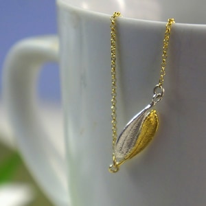 Yin yang necklace, Olive tree Necklace. Sterling silver 925 and 14K Gold plated on silver. 2 small Olive leaves Mother Nature Jewelry.