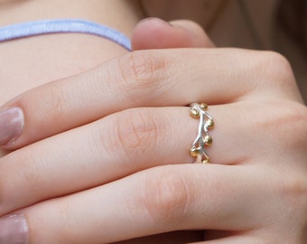 Mimosa pudica twig band ring. Sterling silver Branch ring with Gold plated buds. Acacia(Mimosa) is symbol of renewal, Fortitude and pureness