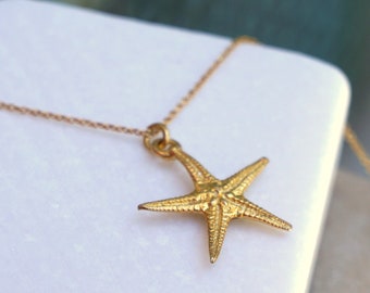 Solid Gold Summer Pendant Real Starfish necklace with chain. Gold 9K,14K or 18K, Delicate Necklace for Women, Perfect Summer Gift for Her