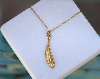 Tiny solid Gold Olive leaf pendant with or without chain Necklace. Real Gold jewellery,22k-14k-9k Gold or White gold pendant